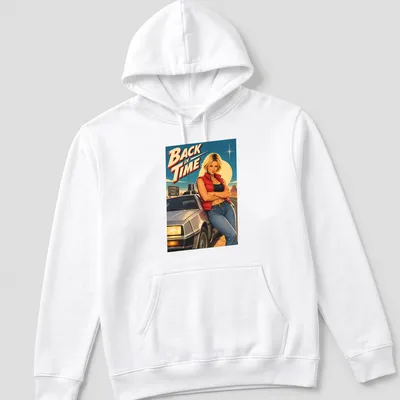Retro movie t-shirt featuring the text 'BACK IN TIME' with a female character and a DeLorean car. — printed on a unisex hoodie