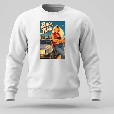 Retro movie t-shirt featuring the text 'BACK IN TIME' with a female character and a DeLorean car. — printed on a unisex sweatshirt