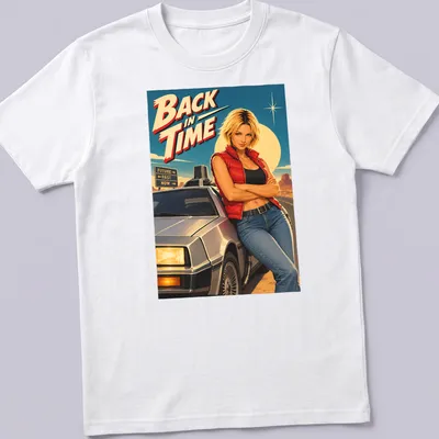 Retro movie t-shirt featuring the text 'BACK IN TIME' with a female character and a DeLorean car.