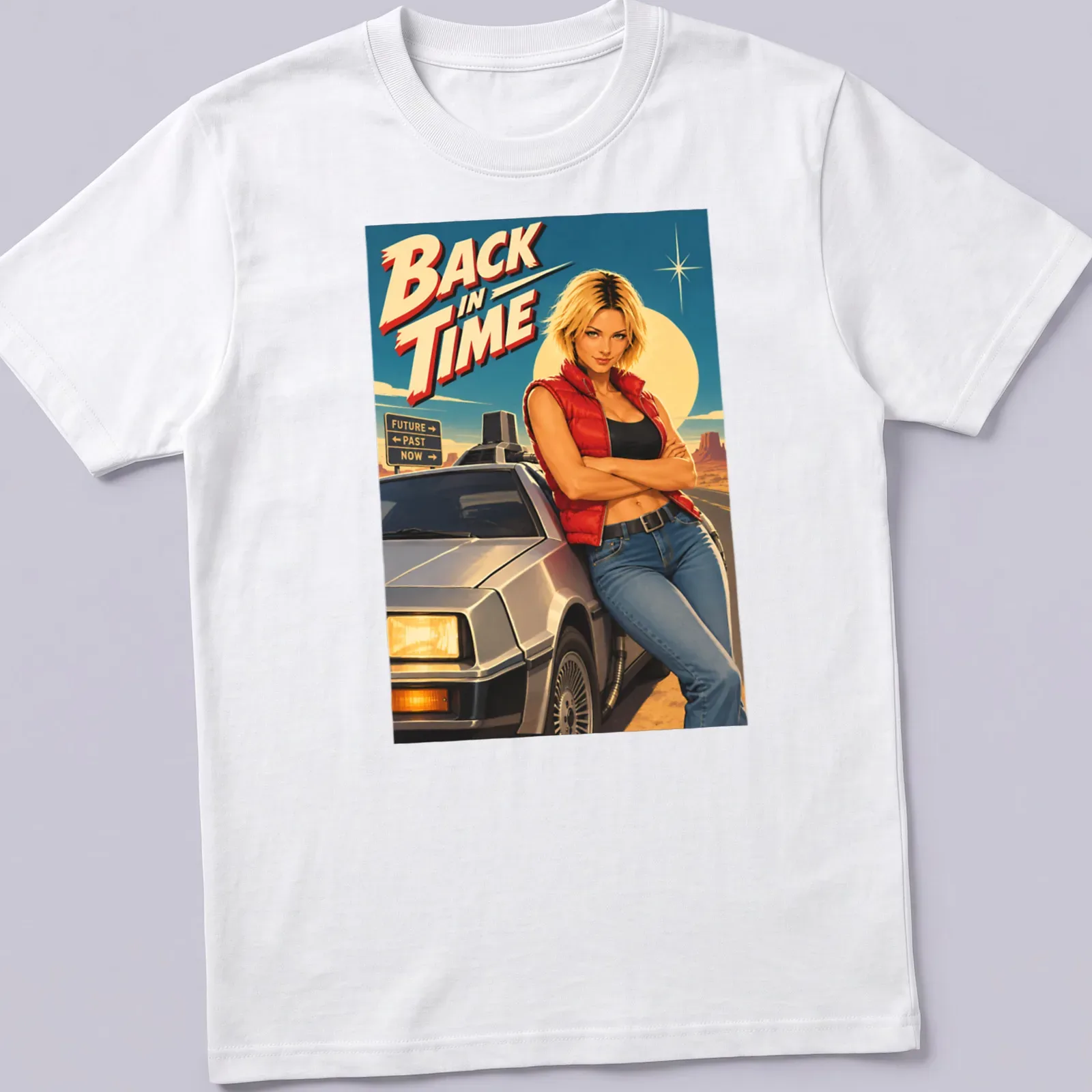 Retro movie t-shirt featuring the text 'BACK IN TIME' with a female character and a DeLorean car. — printed on a unisex t-shirt