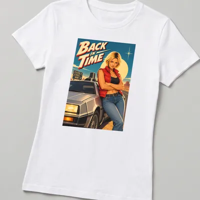 Retro movie t-shirt featuring the text 'BACK IN TIME' with a female character and a DeLorean car. — printed on a women's shirt