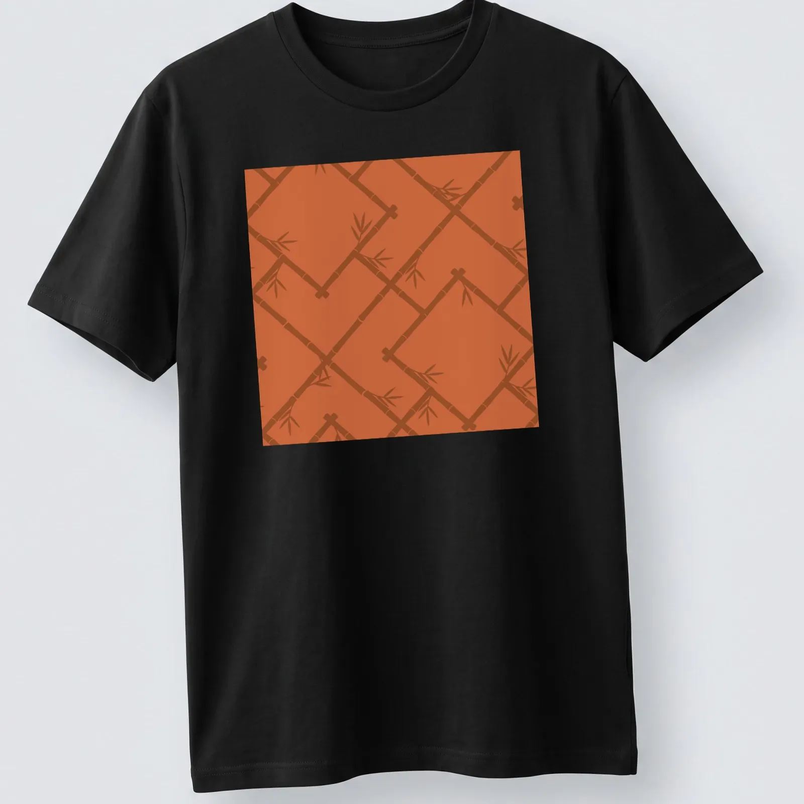 T-shirt featuring a light orange bamboo lattice pattern in modern chinoiserie style — printed on a unisex t-shirt