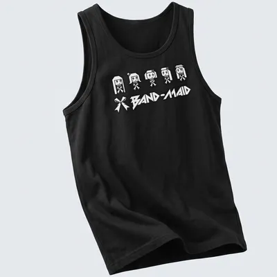 Pixelated skull maid figures with bows above the text BAND-MAID in bold letters — printed on a tank top