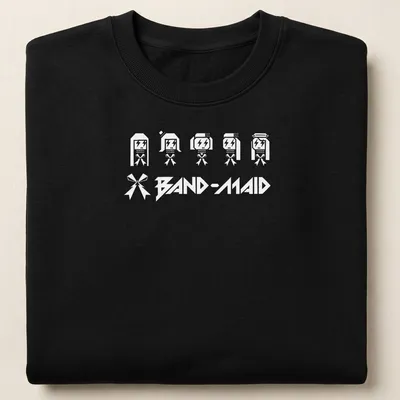 Pixelated skull maid figures with bows above the text BAND-MAID in bold letters — printed on a unisex sweatshirt