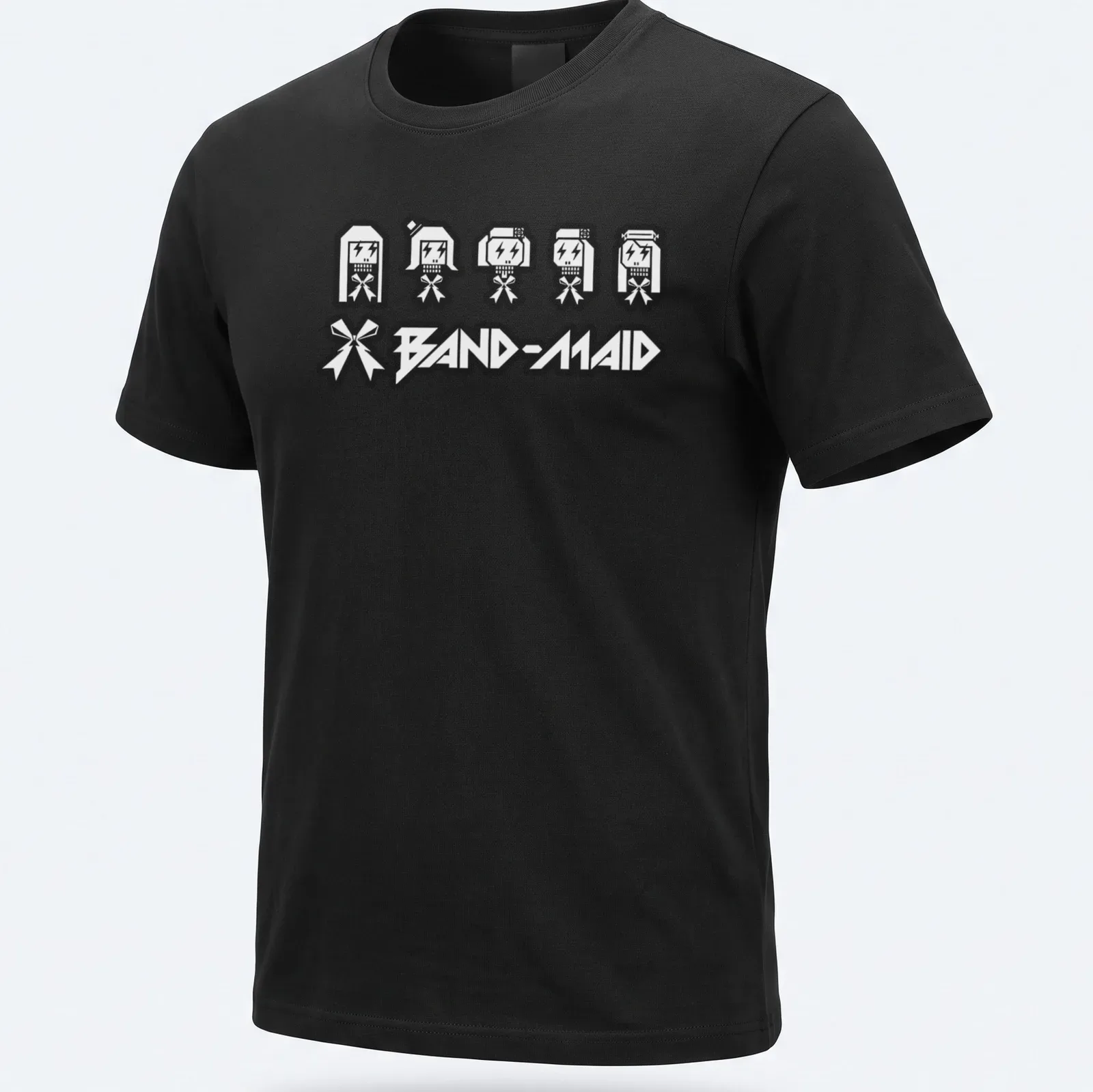 Pixelated skull maid figures with bows above the text BAND-MAID in bold letters — printed on a unisex t-shirt