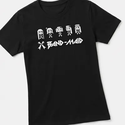 Pixelated skull maid figures with bows above the text BAND-MAID in bold letters — printed on a women's shirt