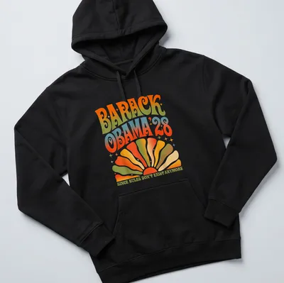 Retro psychedelic t-shirt featuring Barack Obama with vibrant colors — printed on a unisex hoodie