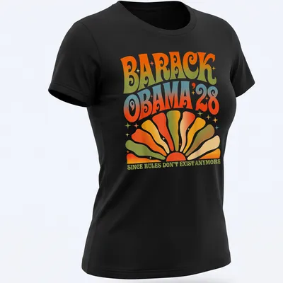 Retro psychedelic t-shirt featuring Barack Obama with vibrant colors — printed on a women's shirt
