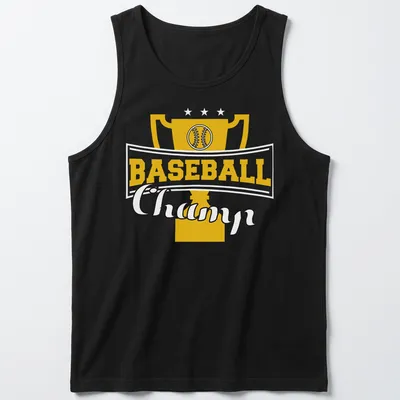 Illustration of a trophy with bold text reading Baseball Champ — printed on a tank top