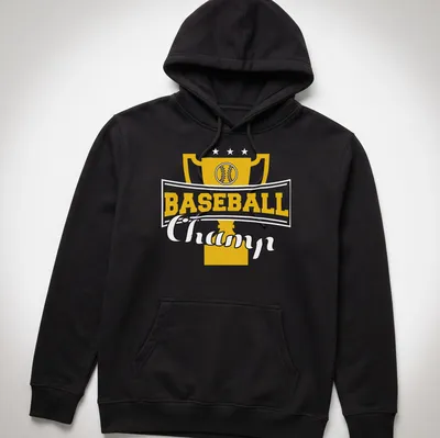 Illustration of a trophy with bold text reading Baseball Champ — printed on a unisex hoodie