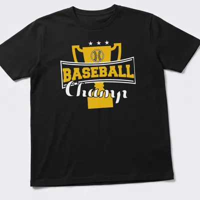 Illustration of a trophy with bold text reading Baseball Champ