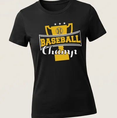 Illustration of a trophy with bold text reading Baseball Champ — printed on a women's shirt