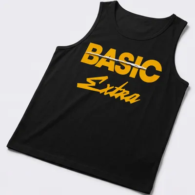 Bold text design with 'BASIC Extra' in yellow and white — printed on a tank top