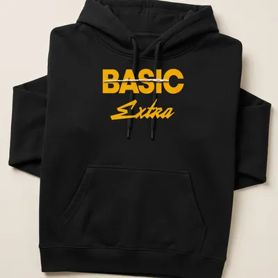 Bold text design with 'BASIC Extra' in yellow and white — printed on a unisex hoodie