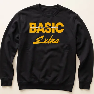 Bold text design with 'BASIC Extra' in yellow and white — printed on a unisex sweatshirt
