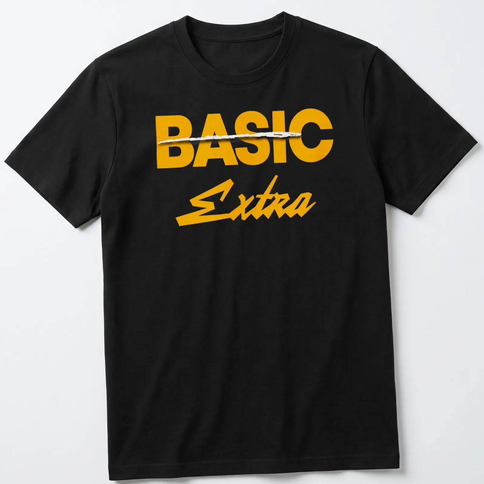 Bold text design with 'BASIC Extra' in yellow and white — printed on a unisex t-shirt