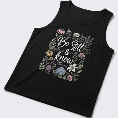 Floral design with the text Be Still & know - PSALM 46:10 in vintage style — printed on a tank top