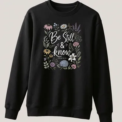 Floral design with the text Be Still & know - PSALM 46:10 in vintage style — printed on a unisex sweatshirt
