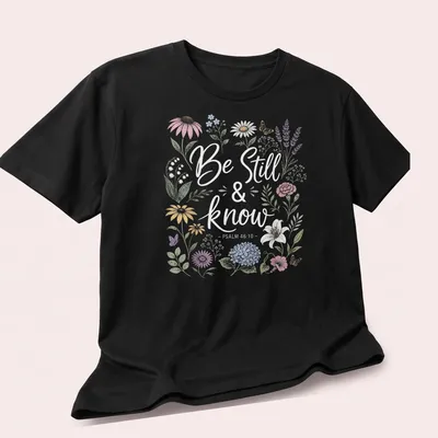 Floral design with the text Be Still & know - PSALM 46:10 in vintage style — printed on a unisex t-shirt (angled view)