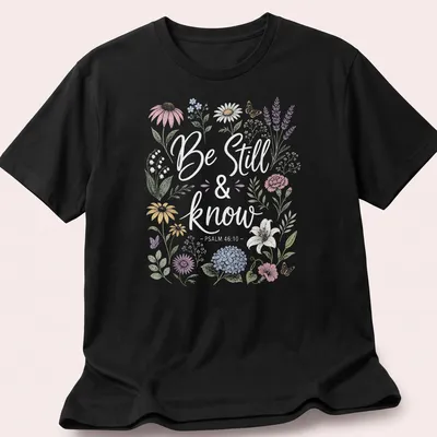 Floral design with the text Be Still & know - PSALM 46:10 in vintage style