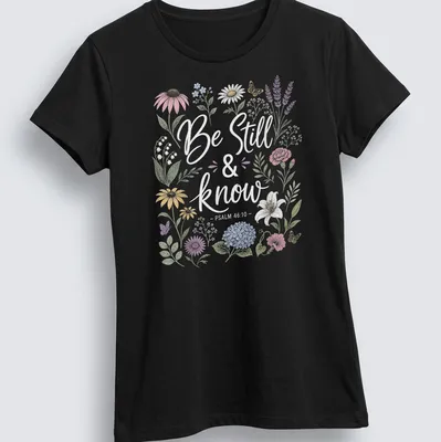 Floral design with the text Be Still & know - PSALM 46:10 in vintage style — printed on a women's shirt