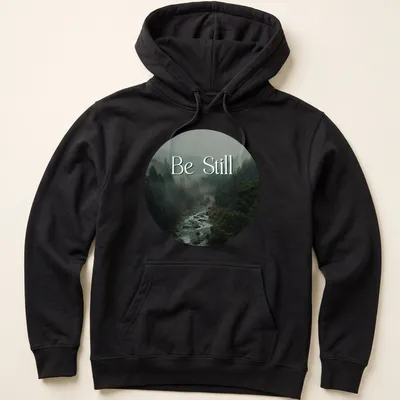 Misty forest scene with 'Be Still' text in earthy tones — printed on a unisex hoodie