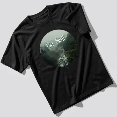 Misty forest scene with 'Be Still' text in earthy tones