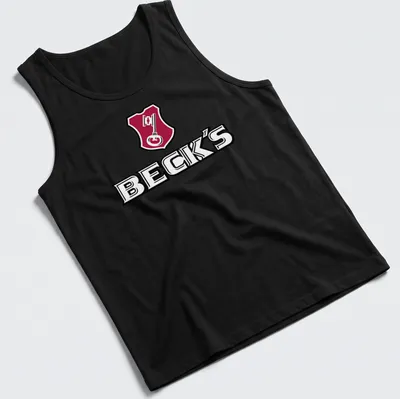 Emblem design with Beck's logo and a key graphic in red, black, and white — printed on a tank top