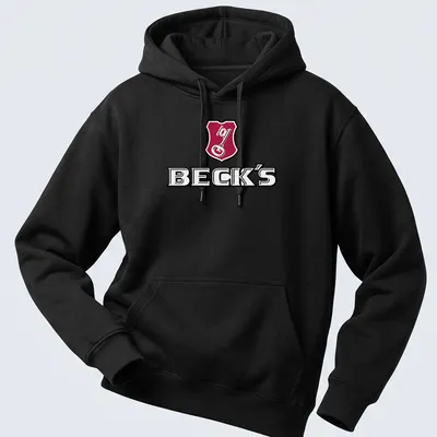 Emblem design with Beck's logo and a key graphic in red, black, and white — printed on a unisex hoodie