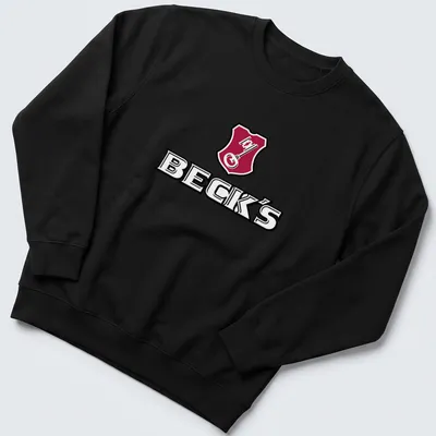 Emblem design with Beck's logo and a key graphic in red, black, and white — printed on a unisex sweatshirt