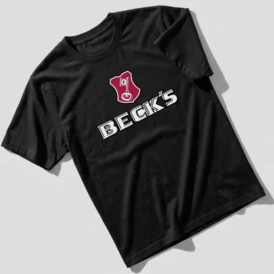 Emblem design with Beck's logo and a key graphic in red, black, and white