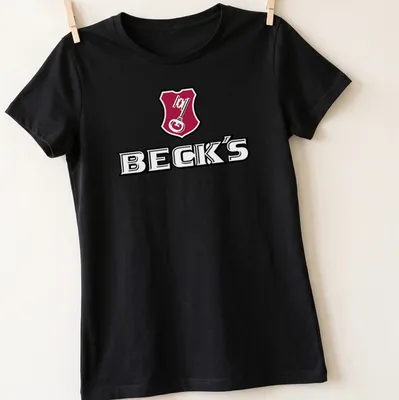 Emblem design with Beck's logo and a key graphic in red, black, and white — printed on a women's shirt