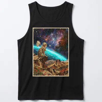 Bengal cat in a vibrant jungle chasing cosmic butterflies in vintage adventure style — printed on a tank top
