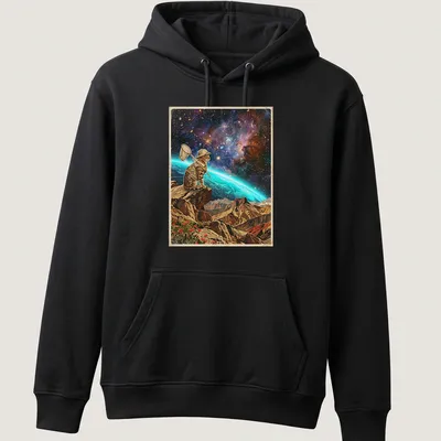 Bengal cat in a vibrant jungle chasing cosmic butterflies in vintage adventure style — printed on a unisex hoodie