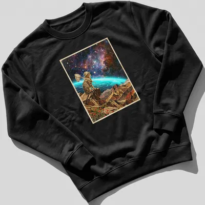 Bengal cat in a vibrant jungle chasing cosmic butterflies in vintage adventure style — printed on a unisex sweatshirt