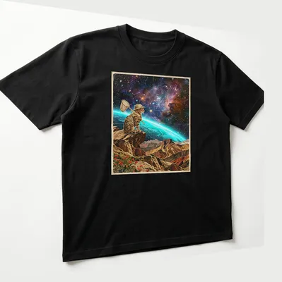 Bengal cat in a vibrant jungle chasing cosmic butterflies in vintage adventure style — printed on a unisex t-shirt (angled view)