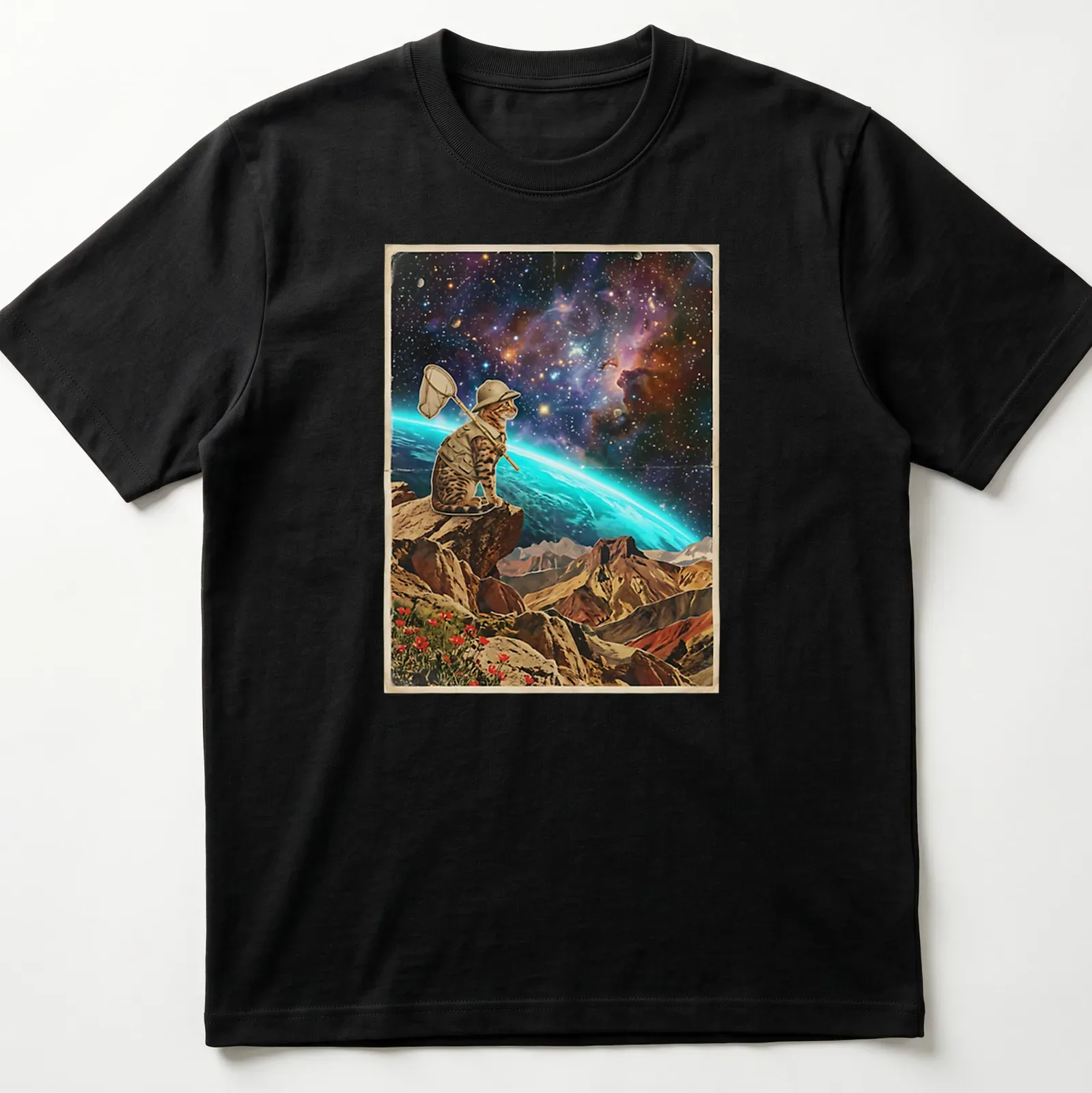 Bengal cat in a vibrant jungle chasing cosmic butterflies in vintage adventure style — printed on a unisex t-shirt