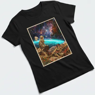 Bengal cat in a vibrant jungle chasing cosmic butterflies in vintage adventure style — printed on a women's shirt