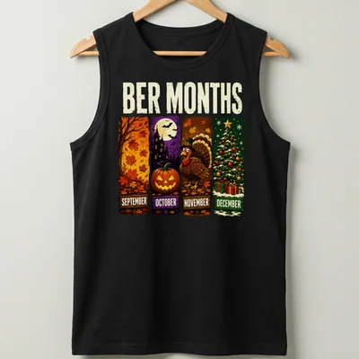 Cartoon design of fall leaves, haunted house, pumpkin, turkey, and Christmas tree with vibrant colors. — printed on a tank top