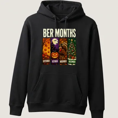 Cartoon design of fall leaves, haunted house, pumpkin, turkey, and Christmas tree with vibrant colors. — printed on a unisex hoodie