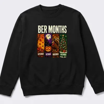 Cartoon design of fall leaves, haunted house, pumpkin, turkey, and Christmas tree with vibrant colors. — printed on a unisex sweatshirt
