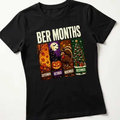 Cartoon design of fall leaves, haunted house, pumpkin, turkey, and Christmas tree with vibrant colors. — printed on a women's shirt