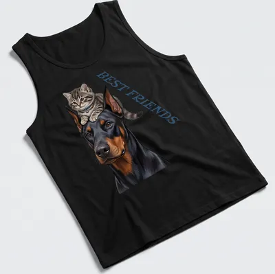 Realistic print of a Doberman dog and kitten with 'BEST FRIENDS' text — printed on a tank top