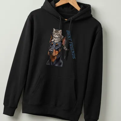 Realistic print of a Doberman dog and kitten with 'BEST FRIENDS' text — printed on a unisex hoodie