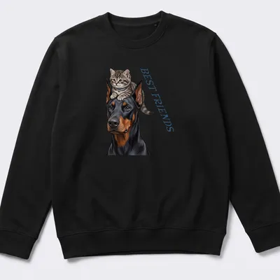 Realistic print of a Doberman dog and kitten with 'BEST FRIENDS' text — printed on a unisex sweatshirt
