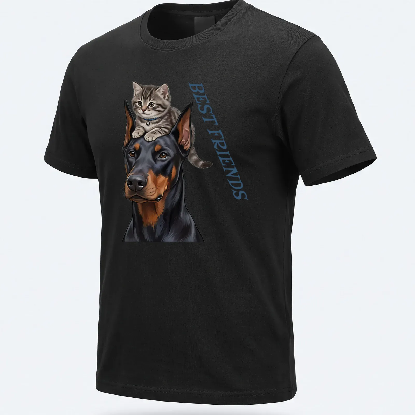 Realistic print of a Doberman dog and kitten with 'BEST FRIENDS' text — printed on a unisex t-shirt