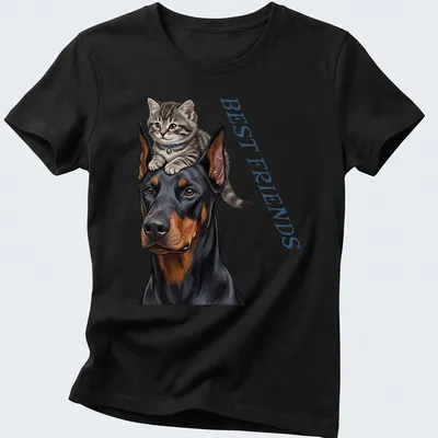 Realistic print of a Doberman dog and kitten with 'BEST FRIENDS' text — printed on a women's shirt