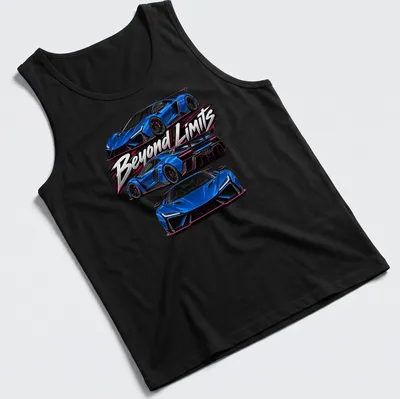 Electric blue supercar graphic with bold text 'Beyond Limits' — printed on a tank top