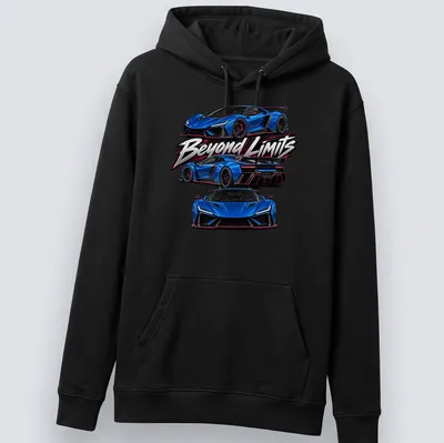 Electric blue supercar graphic with bold text 'Beyond Limits' — printed on a unisex hoodie