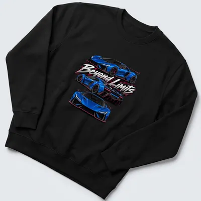 Electric blue supercar graphic with bold text 'Beyond Limits' — printed on a unisex sweatshirt